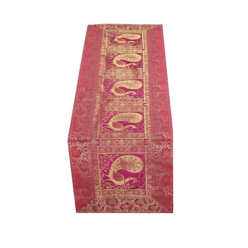 E - Ezra E EZRA Banarsi Brocade Silk Table Runner for Dining Table 6 4 Seater Centre Peacock Table Top Runner 60x16 Inches Pink - Image 2