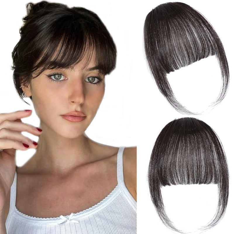 ELEFOCUS Clip in Bangs 100% Real Human Hair Extensions Wispy Brown Black Fake Bangs Hair Clip on bangs for women Fringe with Temples Hairpieces Faux Bangs for Daily Wear - Image 1