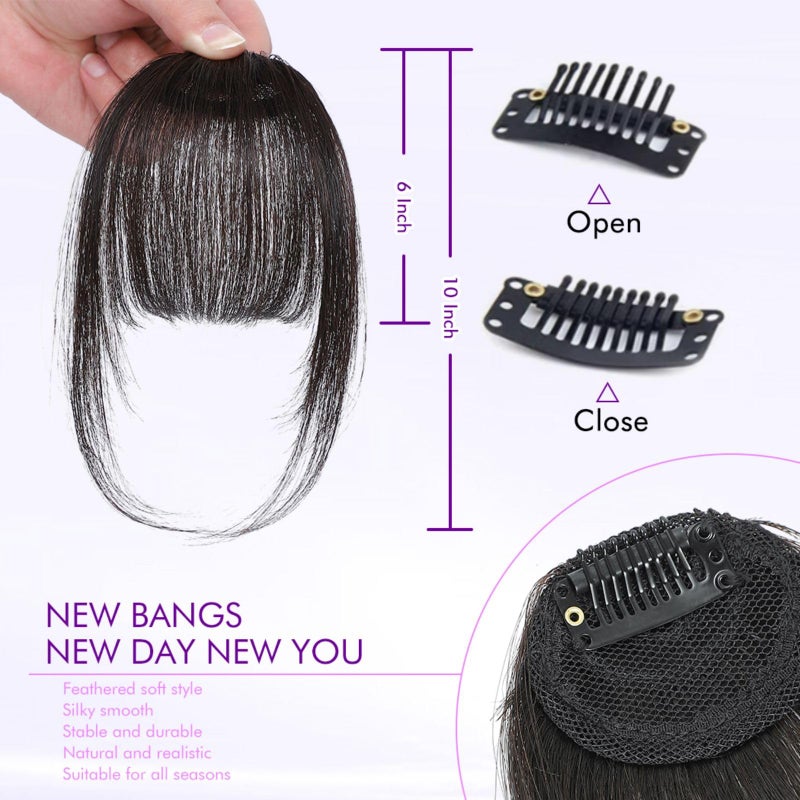 ELEFOCUS Clip in Bangs 100% Real Human Hair Extensions Wispy Brown Black Fake Bangs Hair Clip on bangs for women Fringe with Temples Hairpieces Faux Bangs for Daily Wear - Image 2