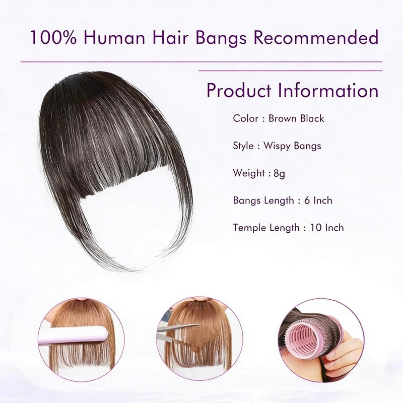 ELEFOCUS Clip in Bangs 100% Real Human Hair Extensions Wispy Brown Black Fake Bangs Hair Clip on bangs for women Fringe with Temples Hairpieces Faux Bangs for Daily Wear - Image 5