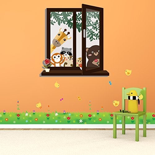 WALPLUS Removable Wall Stickers Window View of Animal Friend  Little Chick Grass Nursery Kids Room 160Cm X 150Cm Multi  Colour - Image 1