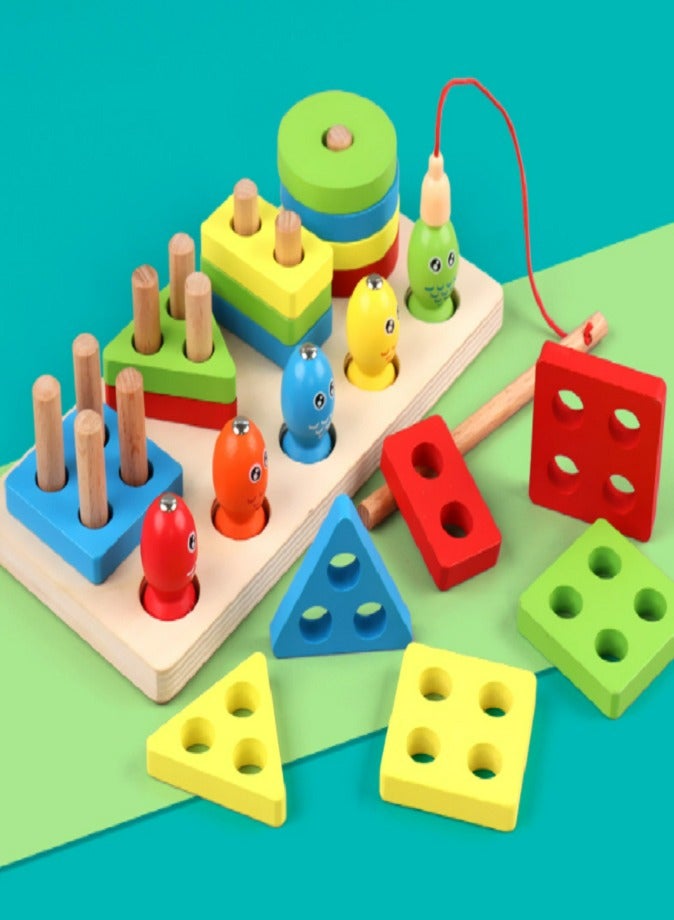 Montessori Wooden Toys for 1 2 3 Year Old Boys Girls Toddlers, Fishing Four Post Shape Sorter, Wooden Sorting & Stacking Toys with Fishing Rod, Educational Learning Puzzles, Color & Shape Recognition, Preschool Brain Development Toy Gift - Image 1