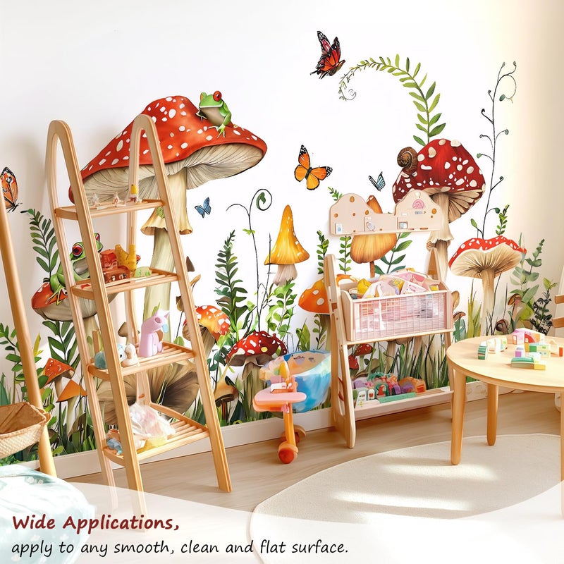 VePret Mushroom Wall Decals Peel and Stick, Large Frog Butterflies Grass Vinyl Wall Stickers, Removable Home Decor Art for Bedroom Living Room Classroom Office - Image 5