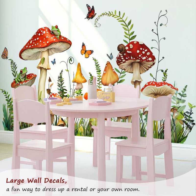 VePret Mushroom Wall Decals Peel and Stick, Large Frog Butterflies Grass Vinyl Wall Stickers, Removable Home Decor Art for Bedroom Living Room Classroom Office - Image 4