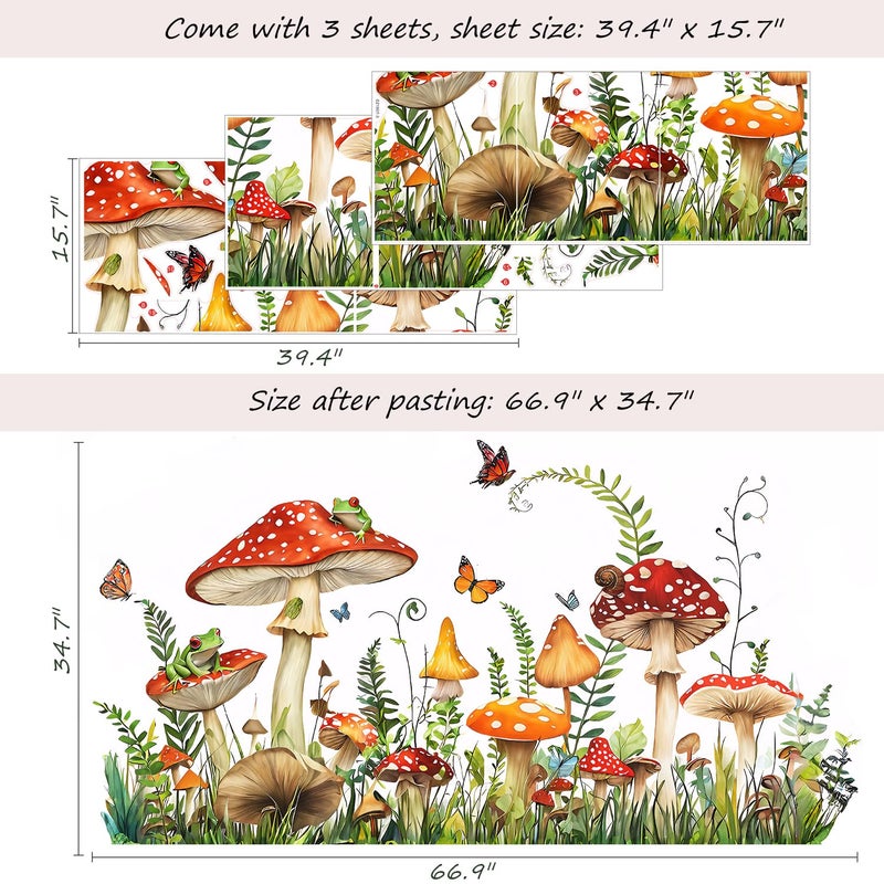VePret Mushroom Wall Decals Peel and Stick, Large Frog Butterflies Grass Vinyl Wall Stickers, Removable Home Decor Art for Bedroom Living Room Classroom Office - Image 2