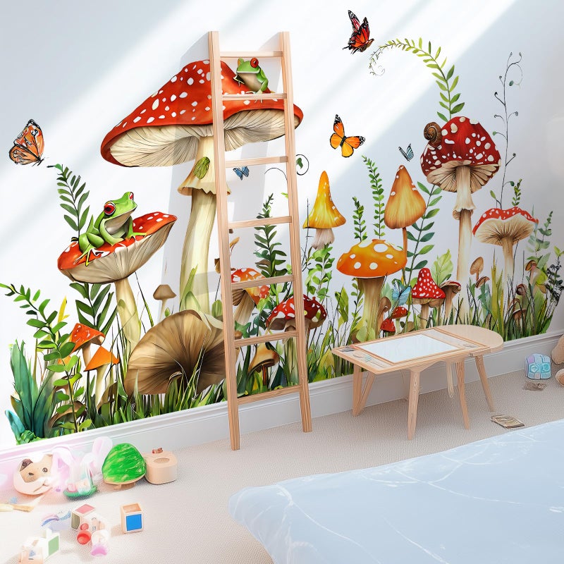 VePret Mushroom Wall Decals Peel and Stick, Large Frog Butterflies Grass Vinyl Wall Stickers, Removable Home Decor Art for Bedroom Living Room Classroom Office - Image 1