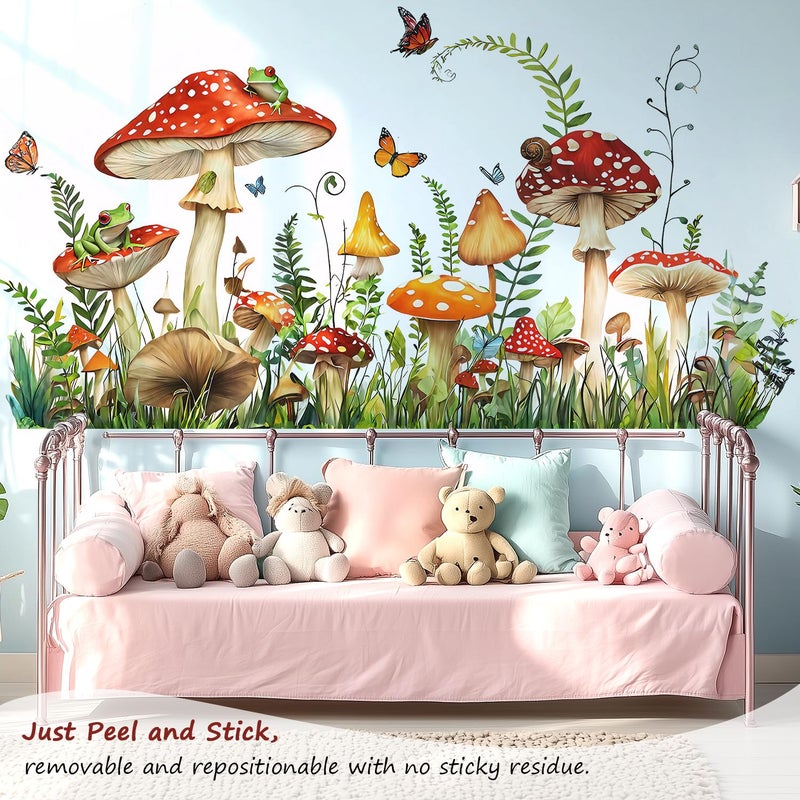 VePret Mushroom Wall Decals Peel and Stick, Large Frog Butterflies Grass Vinyl Wall Stickers, Removable Home Decor Art for Bedroom Living Room Classroom Office - Image 3