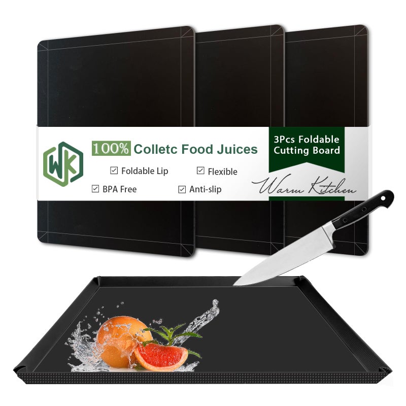 WK Flexible Plastic Cutting Boards Mats with Lip, Foldable Cutting Board for Kitchen Set of 3, Black Cutting Boards for Meat, Nonslip Cutting Mats Sheets, BPA Free, Dishwasher Safe - Image 1