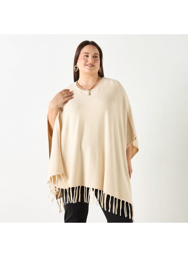 Ulla Popken Plus Size Ulla Popken Solid Round Neck Poncho with Tassels  - Image 1