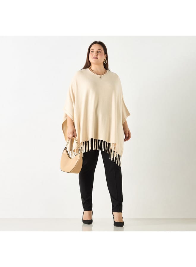 Ulla Popken Plus Size Ulla Popken Solid Round Neck Poncho with Tassels  - Image 2