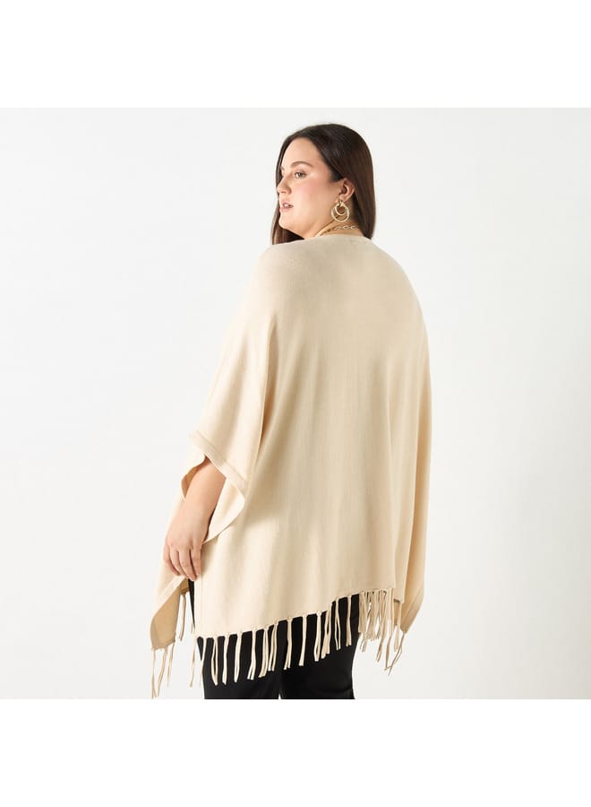 Ulla Popken Plus Size Ulla Popken Solid Round Neck Poncho with Tassels  - Image 3