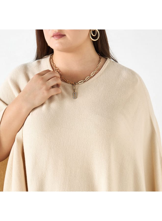 Ulla Popken Plus Size Ulla Popken Solid Round Neck Poncho with Tassels  - Image 4