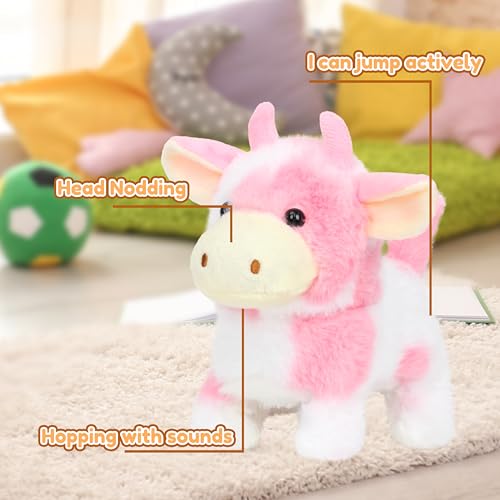 Easfan Walking Pink Cow Interactive Electronic Pet Plush Toy with Sounds and Movements Hopping Moving Educational Plush Toy Easter Birthday Gifts for Kids Girls 7Pink - Image 5