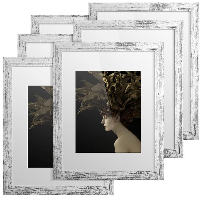 Rustic Picture Frames 11x14 Set of 6 Distressed White Composite Wood Large Gallery Wall Frame Set Display Photos 8x10 with Mat or 11x14 without Mat Wall Mounting Ideal Valentine Gifts for