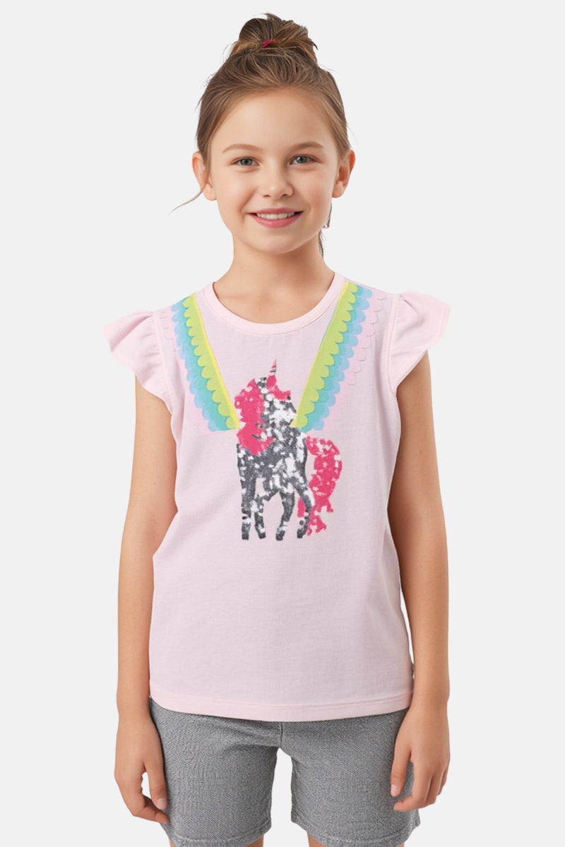 Hamleys Kids Girl Sequin Ruffle Sleeve Top, Pink - Image 1