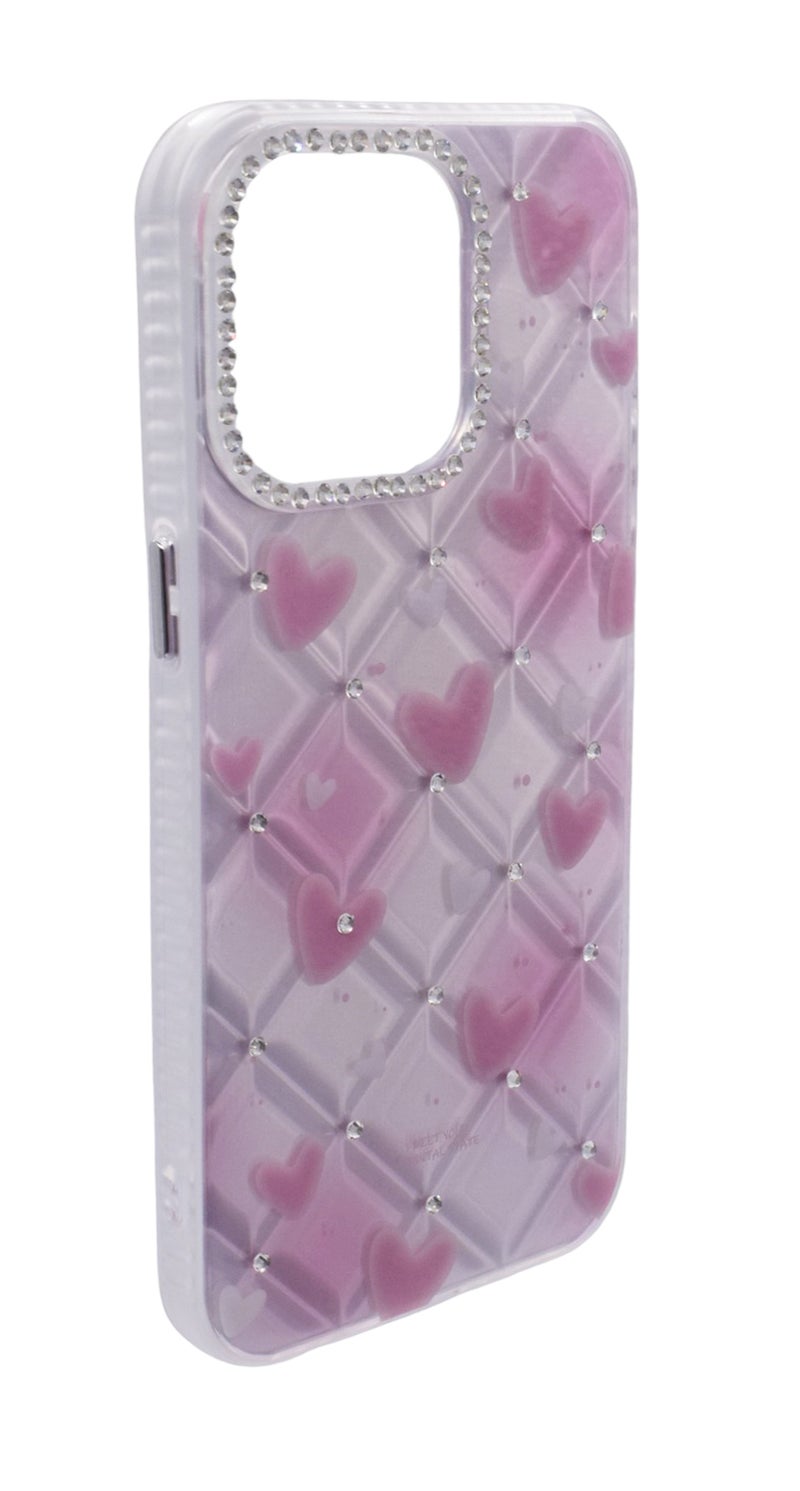 CFS TPU Heart Printed Back Cover Case with Rhinestone Camera Border For iPhone 15 Pro Max - Pink Transparent - Image 2