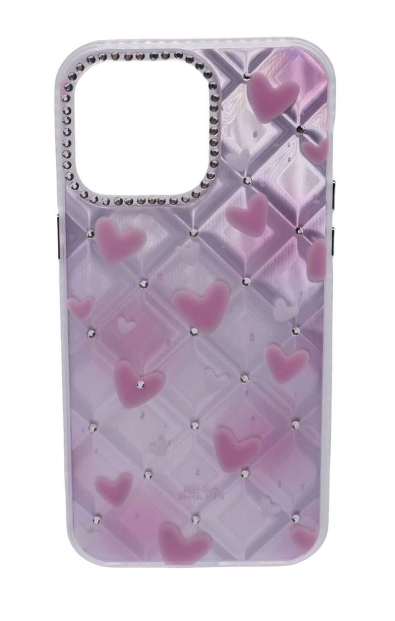 CFS TPU Heart Printed Back Cover Case with Rhinestone Camera Border For iPhone 15 Pro Max - Pink Transparent - Image 1