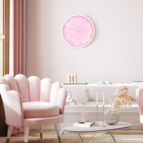 Lafocuse 12 Inch Silent 3D Numbers Pink Wall Clock for Living Room Decor, Battery Operated Pink Clocks for Girls Room Bedroom Kitchen - Image 3