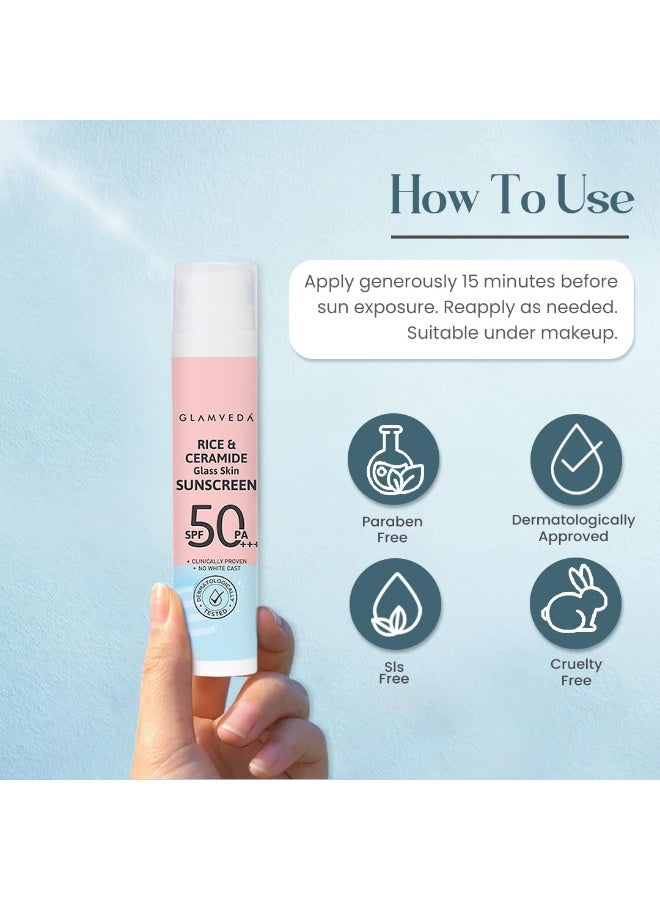 Glamveda Rice & Ceramide Dewy Sunscreen SPF 50 PA+++ | Transparent, Ultra lightweight gel cream | No White Cast, Water & Sweat Proof | For Dry & Sensitive Skin Types 50 ml - Image 5