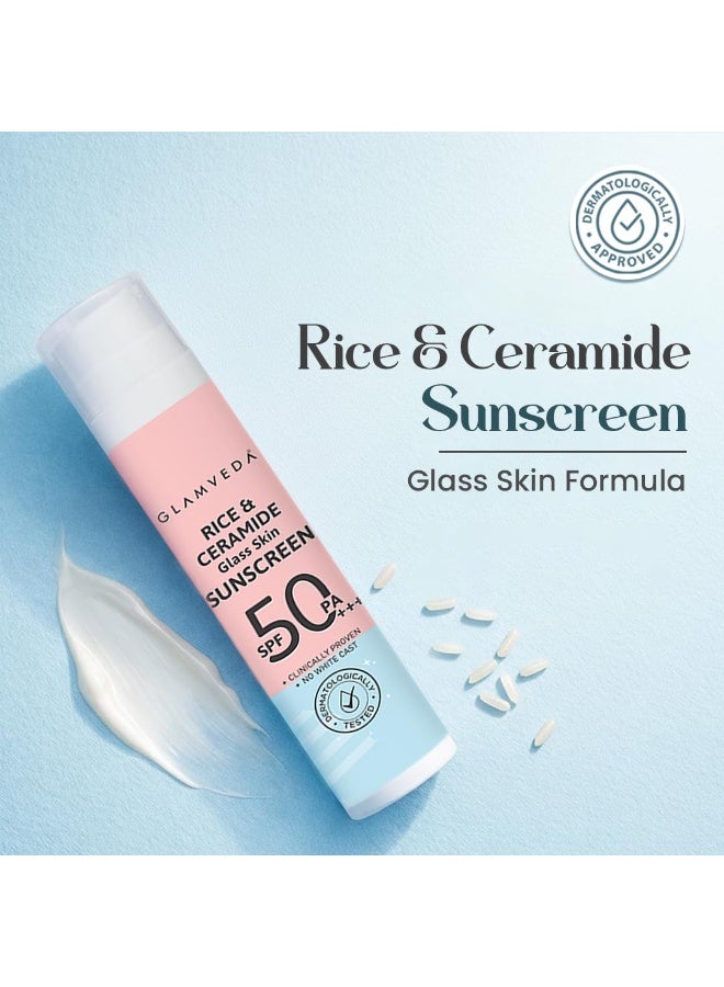 Glamveda Rice & Ceramide Dewy Sunscreen SPF 50 PA+++ | Transparent, Ultra lightweight gel cream | No White Cast, Water & Sweat Proof | For Dry & Sensitive Skin Types 50 ml - Image 4