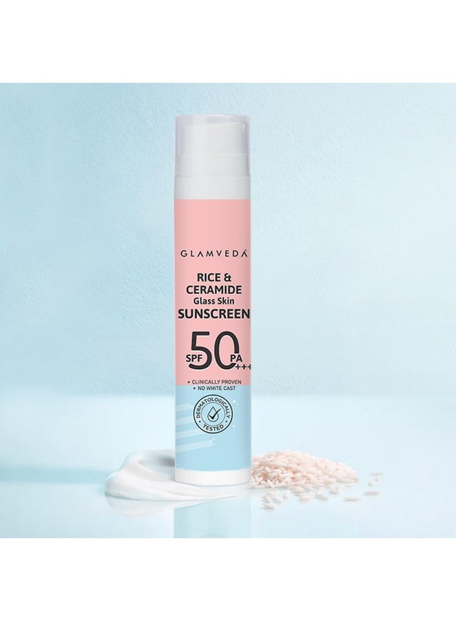 Glamveda Rice & Ceramide Dewy Sunscreen SPF 50 PA+++ | Transparent, Ultra lightweight gel cream | No White Cast, Water & Sweat Proof | For Dry & Sensitive Skin Types 50 ml - Image 1