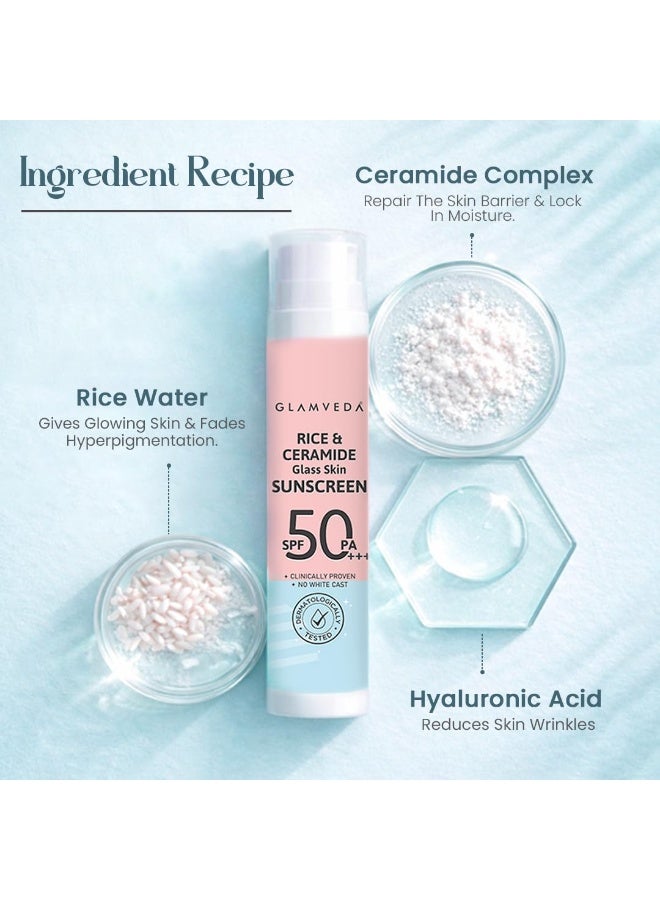 Glamveda Rice & Ceramide Dewy Sunscreen SPF 50 PA+++ | Transparent, Ultra lightweight gel cream | No White Cast, Water & Sweat Proof | For Dry & Sensitive Skin Types 50 ml - Image 2
