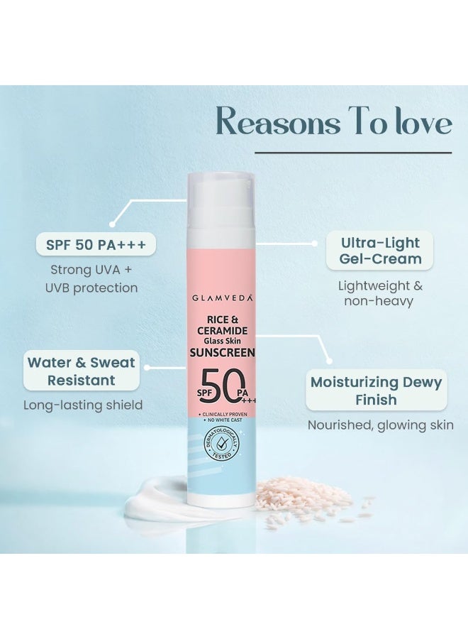 Glamveda Rice & Ceramide Dewy Sunscreen SPF 50 PA+++ | Transparent, Ultra lightweight gel cream | No White Cast, Water & Sweat Proof | For Dry & Sensitive Skin Types 50 ml - Image 3