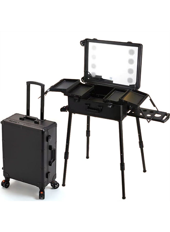 Professional Makeup Trolley Case, Large Capacity Travel Cosmetics Organizer with Stand & Wheels, Rolling Vanity Train Case with Mirror & Led Light for Hair, Beauty & Makup Artists (Black, 21 inch) - Image 1
