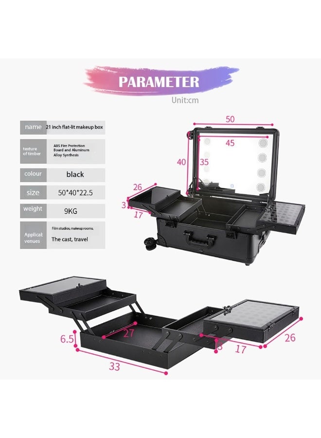 Professional Makeup Trolley Case, Large Capacity Travel Cosmetics Organizer with Stand & Wheels, Rolling Vanity Train Case with Mirror & Led Light for Hair, Beauty & Makup Artists (Black, 21 inch) - Image 2