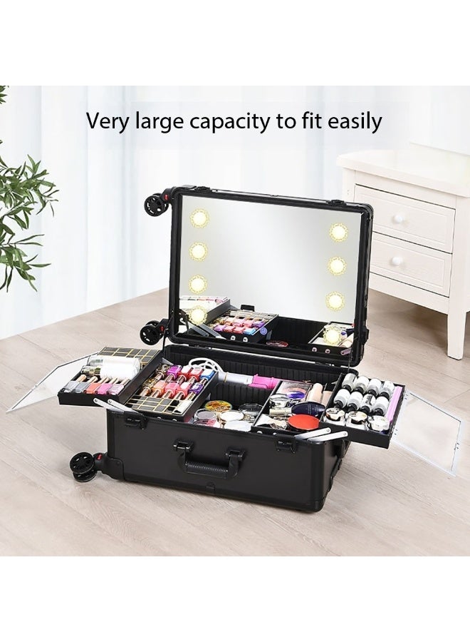 Professional Makeup Trolley Case, Large Capacity Travel Cosmetics Organizer with Stand & Wheels, Rolling Vanity Train Case with Mirror & Led Light for Hair, Beauty & Makup Artists (Black, 21 inch) - Image 4