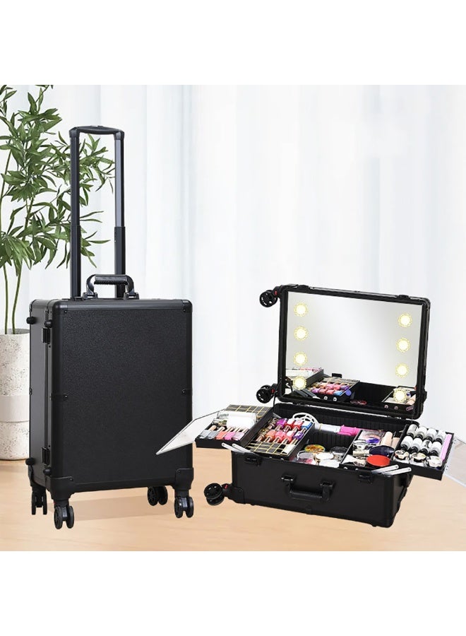Professional Makeup Trolley Case, Large Capacity Travel Cosmetics Organizer with Stand & Wheels, Rolling Vanity Train Case with Mirror & Led Light for Hair, Beauty & Makup Artists (Black, 21 inch) - Image 3