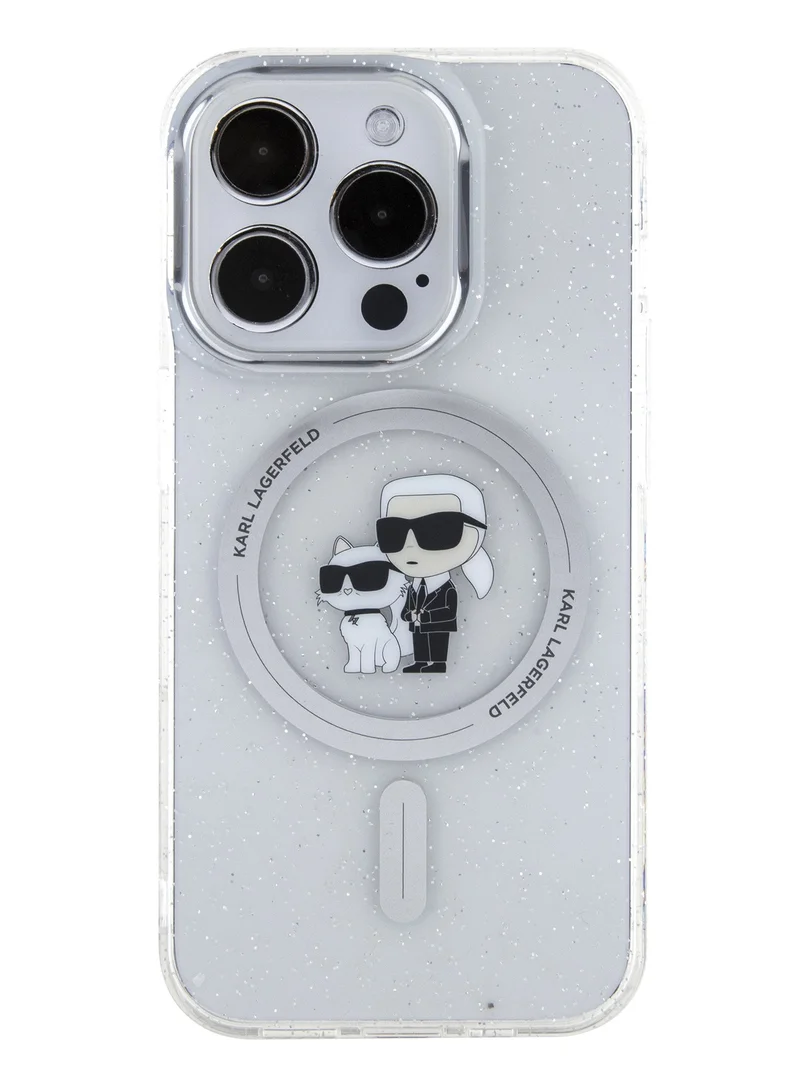 Karl Lagerfeld MagSafe IML Glitter Hard Case with Karl & Choupette Logo For iPhone 16 Pro /Drop protection/Slim Profile /Light Weight/Comfortable Grip- Transparent