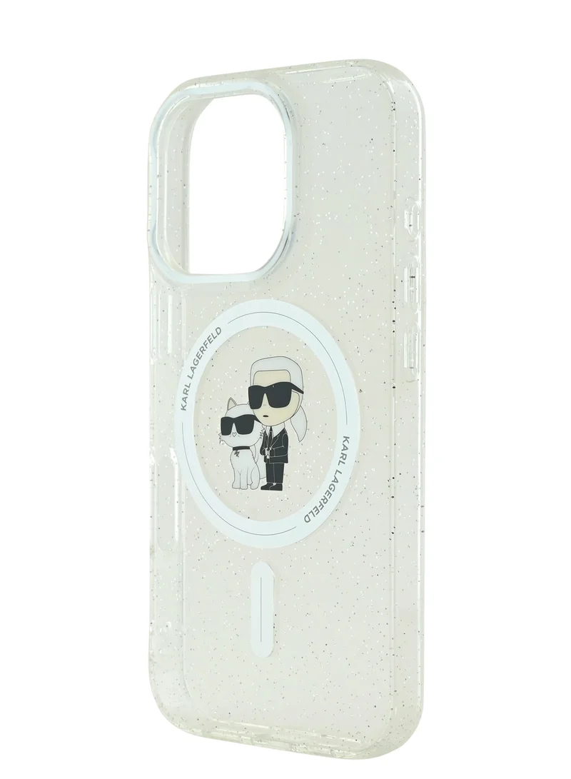 Karl Lagerfeld MagSafe IML Glitter Hard Case with Karl & Choupette Logo For iPhone 16 Pro /Drop protection/Slim Profile /Light Weight/Comfortable Grip- Transparent