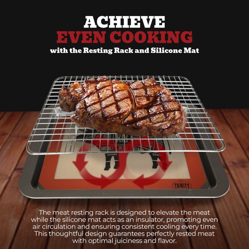 Trinity Provisions Meat Resting Pan - With Wire Rack and Silicone Baking Mat - Dishwasher and Oven Safe Stainless Steel, for Cooking and Cooling Steak, BBQ, Bacon, & More - Image 4