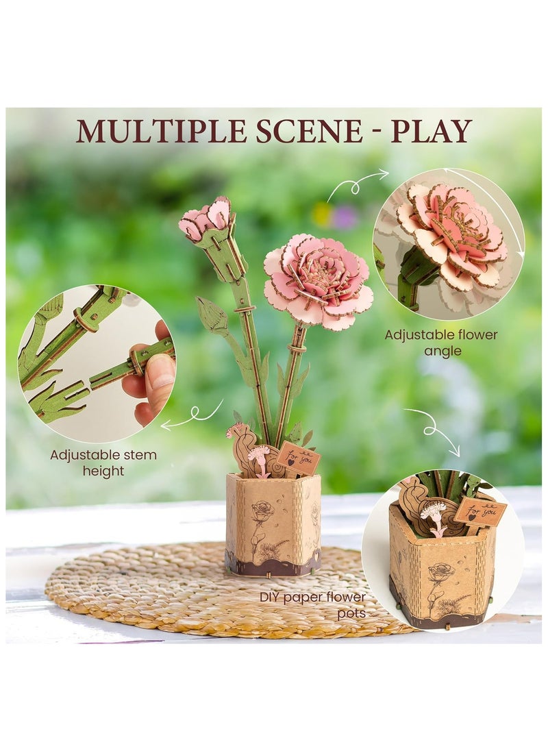 Robotime Rowood DIY Wooden Flower Pink Carnation TW051 Premium 3D Puzzle Building Kits for Adults & Teens - Decorative Home Décor, Ramadan & Holiday Gift (Eid and Birthday) for Puzzle Enthusiasts, Stress Relief STEM Project  - Image 1