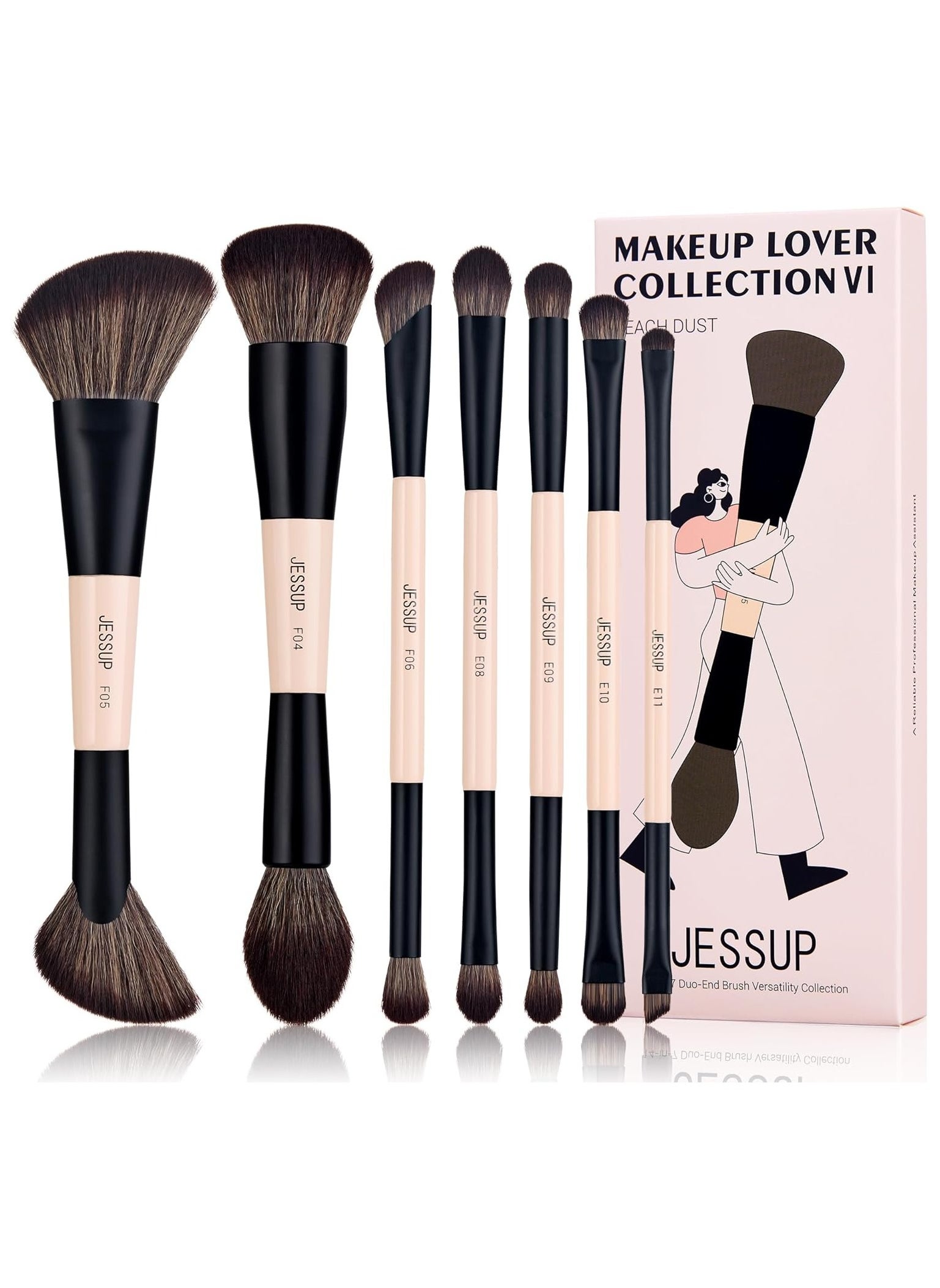 Jessup Jessup Makeup Brushes Set 14-in-7 Double Sided Makeup Brushes for Foundation Concealer Blush Eyeshadow Contour Bronzer Powder Blending Eyebrow Eyeliner, Cruelty-Free Make up Brushes Peach Dust T600 