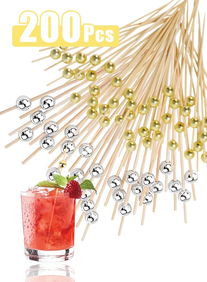 200 قطعة من أعواد الكوكتيل، أعواد أسنان خشبية، لوازم حفلات، لؤلؤ ذهبي ولؤلؤ فضي - Image 1