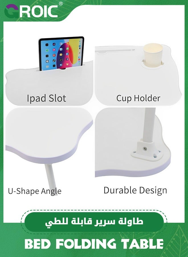 GROIC Bed Folding Tables, Portable Laptop Stand Bed Desk with Tray and Cup Holder, Multifunction Laptop Desk Lap Desk, Foldable Legs Reading Holder Notebook Stand for Working on Bed/Sofa Couch - White - Image 4