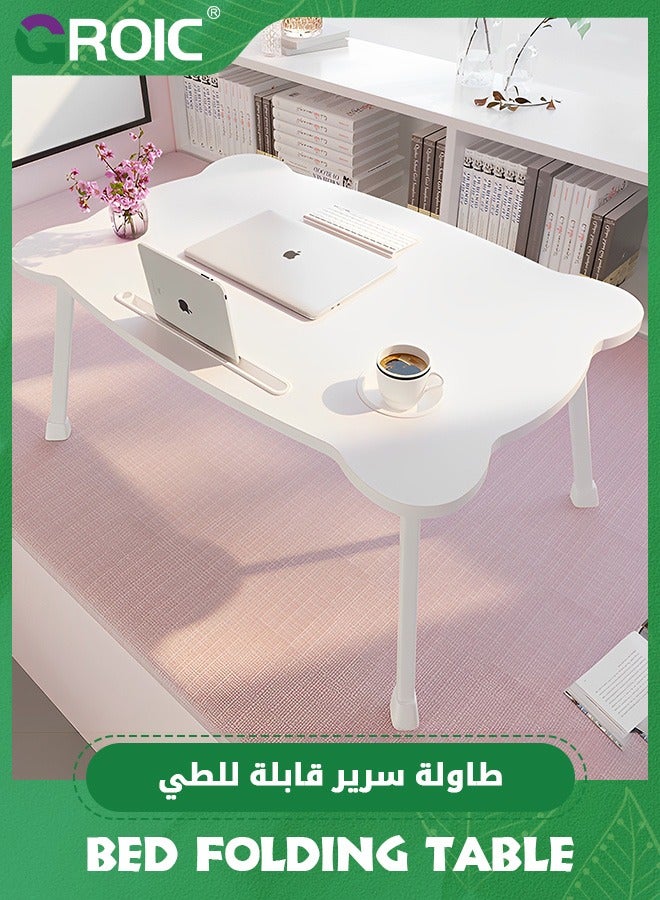 GROIC Bed Folding Tables, Portable Laptop Stand Bed Desk with Tray and Cup Holder, Multifunction Laptop Desk Lap Desk, Foldable Legs Reading Holder Notebook Stand for Working on Bed/Sofa Couch - White - Image 5