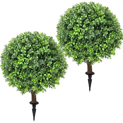 Jasmpig Artificial Boxwood Topiary Ball Tree 24" with Ground Spike, Set of 2 Artificial Boxwood Bushes for Faux Shrubs, Fake Evergreen Faux Plant for Indoor Outdoor Porch Garden- UV Resistant – Fade-Proof - Image 1