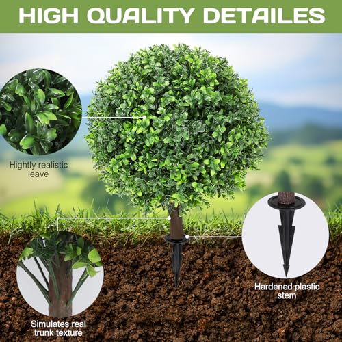 Jasmpig Artificial Boxwood Topiary Ball Tree 24" with Ground Spike, Set of 2 Artificial Boxwood Bushes for Faux Shrubs, Fake Evergreen Faux Plant for Indoor Outdoor Porch Garden- UV Resistant – Fade-Proof - Image 3