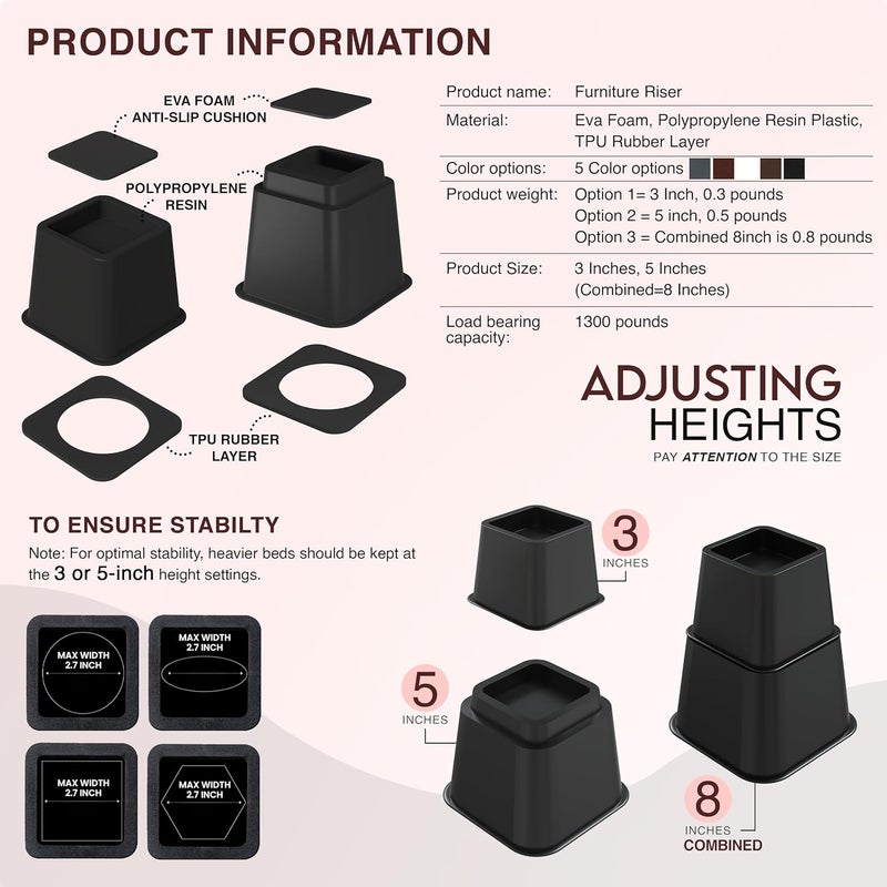 Utopia Bedding Adjustable Bed Furniture Risers - Elevation in Heights 3, 5 or 8 Inch Heavy Duty Risers for Beds - Supports up to 1,300 lbs - (Set of 4 Riser, Black) - Image 5