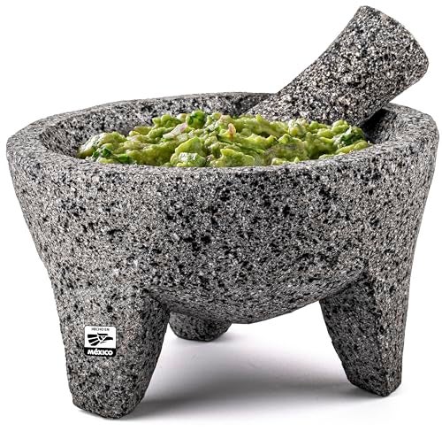 Genuine Handmade Mexican Mortar and Pestle Set 8 Inches Molcajete Mexicano Mexican Cookware Perfect as Salsa Bowls Guacamole Bowl and Masher Mortero Para Cocina made from Volcanic Rock in Mexico
