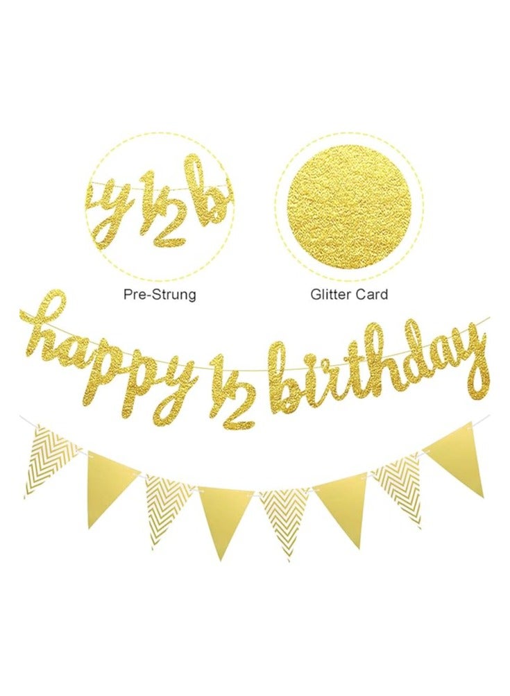 3 Pcs Half Birthday Decorations Set Include 6 Months Happy 1/2 Birthday Banner, Glitter 1/2 Half Year Cake Topper, Triangle Flag Banner for Baby Shower Party Photoshoot Props, Pre-strung(Gold) - Image 2