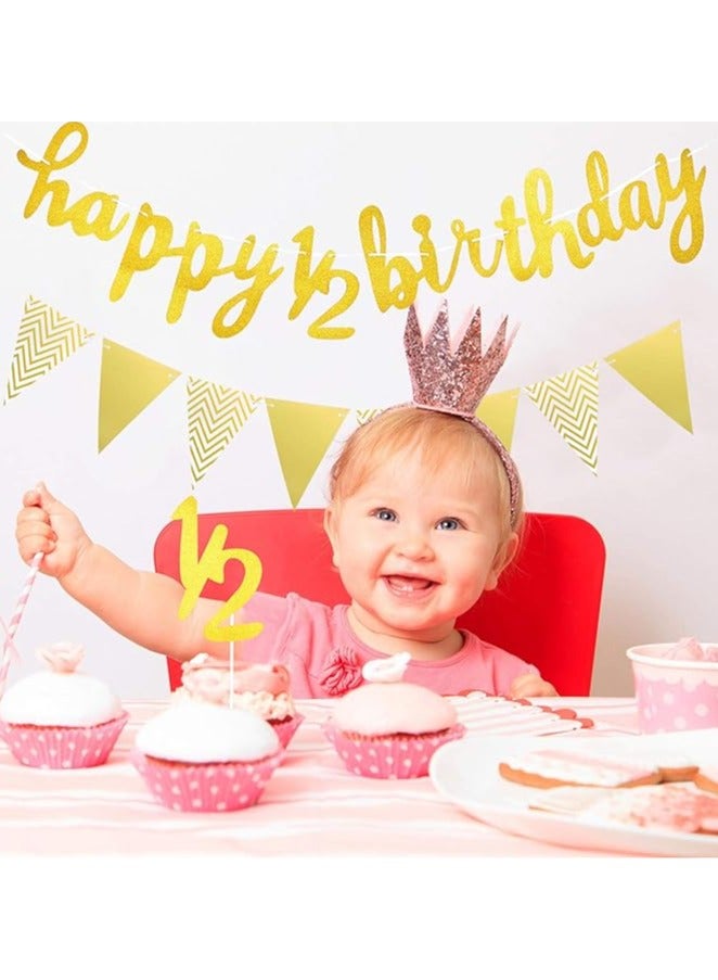 3 Pcs Half Birthday Decorations Set Include 6 Months Happy 1/2 Birthday Banner, Glitter 1/2 Half Year Cake Topper, Triangle Flag Banner for Baby Shower Party Photoshoot Props, Pre-strung(Gold) - Image 4