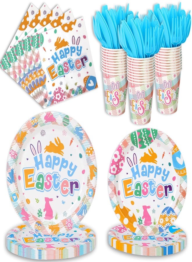 HOWAF 100 Pcs Easter Tableware Set, Easter Plates and Napkins Set, Bunny Designed Disposable Dinnerware with Paper Plates, Napkins,Paper Cups,knives,Forks,Spoons for Easter Party Supplies Serves 16 - Image 1