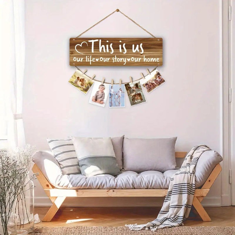 A Rustic Wooden Photo Display Board With Clips For Photos 20 Ropes Heart Shaped Design For Wall Hanging Home Decor Suitable Gift 1 Set 15 75x4 72 Inch - Image 2