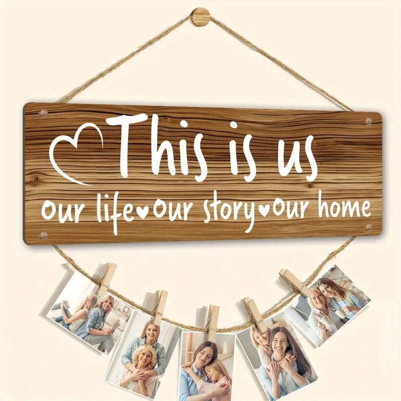 A Rustic Wooden Photo Display Board With Clips For Photos 20 Ropes Heart Shaped Design For Wall Hanging Home Decor Suitable Gift 1 Set 15 75x4 72 Inch - Image 1