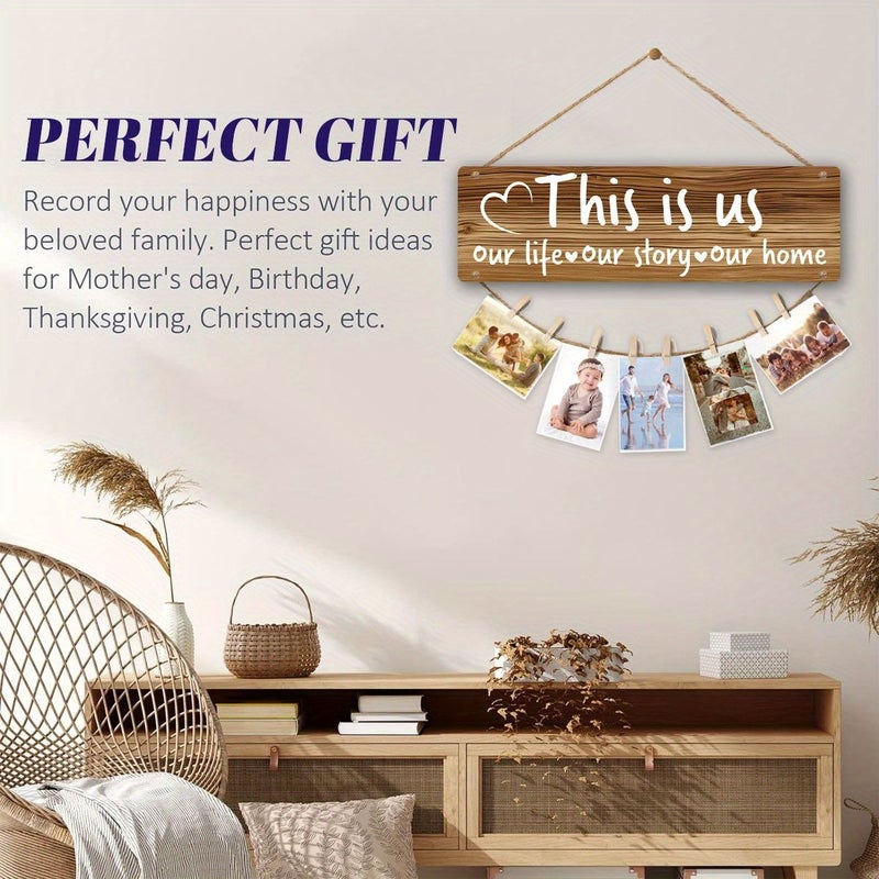 A Rustic Wooden Photo Display Board With Clips For Photos 20 Ropes Heart Shaped Design For Wall Hanging Home Decor Suitable Gift 1 Set 15 75x4 72 Inch - Image 4