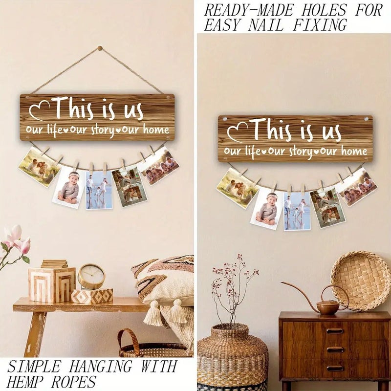 A Rustic Wooden Photo Display Board With Clips For Photos 20 Ropes Heart Shaped Design For Wall Hanging Home Decor Suitable Gift 1 Set 15 75x4 72 Inch - Image 3